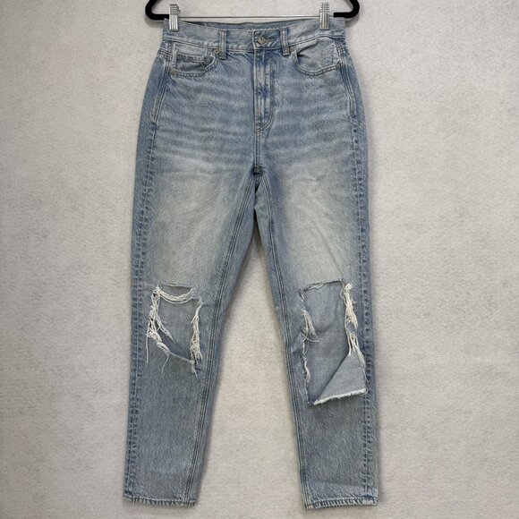 American Eagle Jeans Womens 2 Mom Jean Distressed Ripped Knee High Rise Denim Pa - Picture 1 of 14